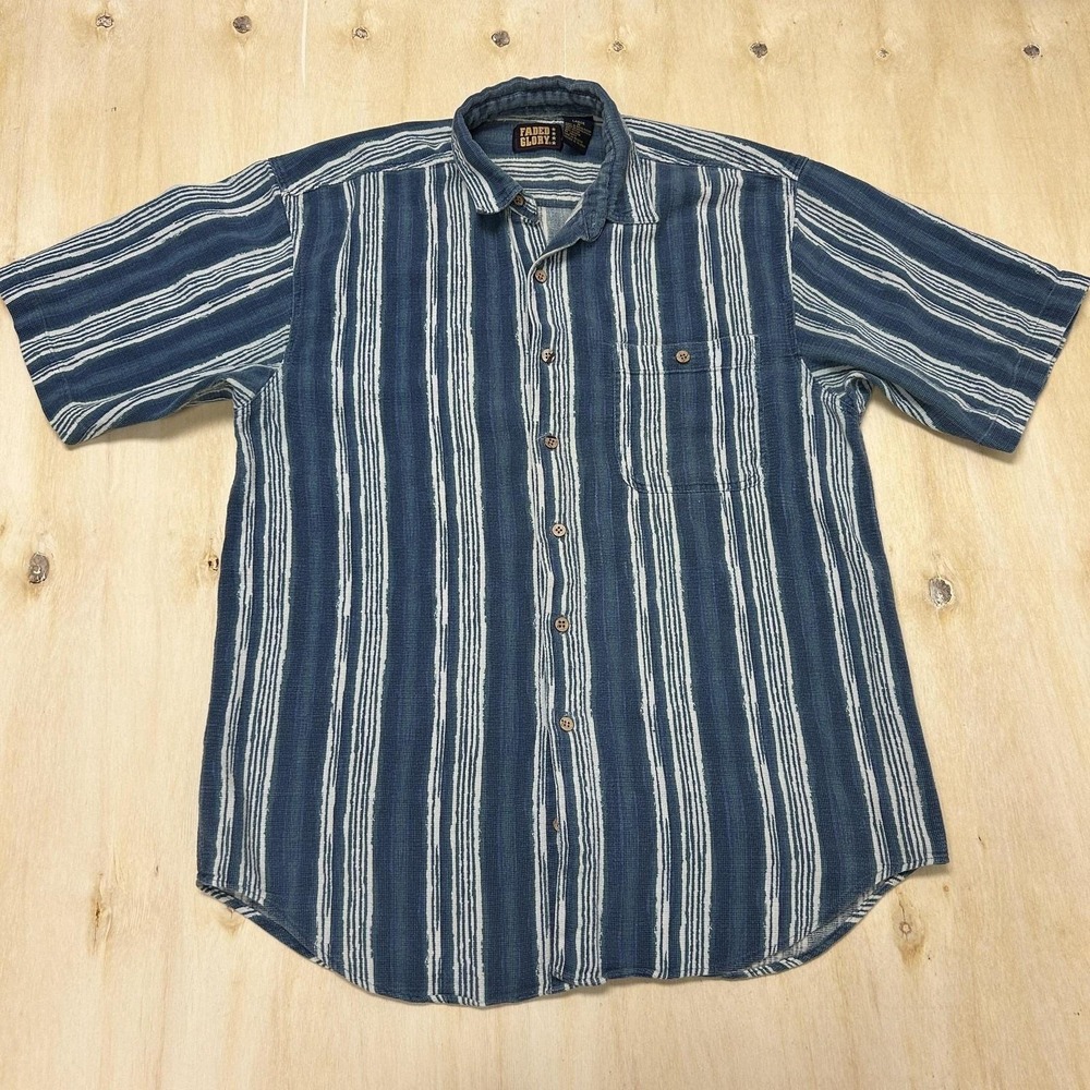 Vintage Faded Glory Shirt Mens Large Blue Striped Short Sleeve Button Up Woven